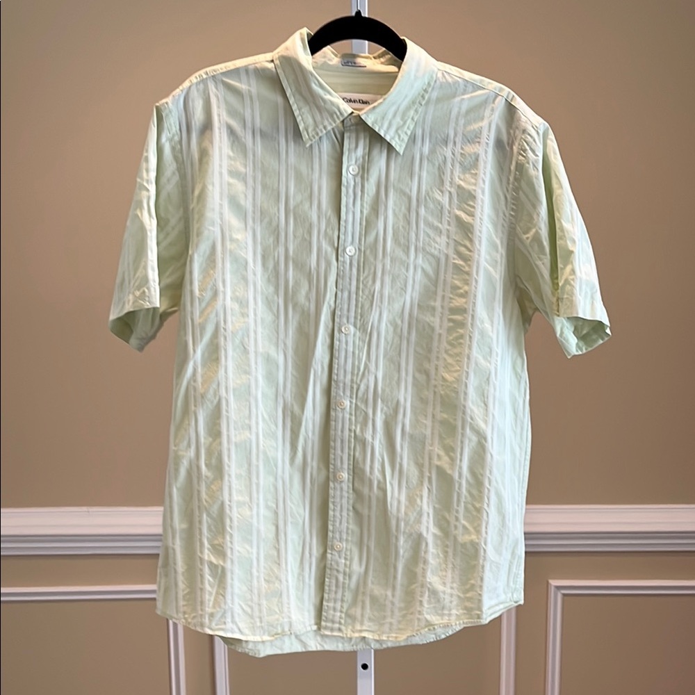 Calvin Klein Green Striped Button Up Short Sleeve Shirt Size Large